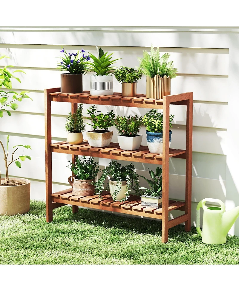 Sugift 3-Tier Solid Wood Plant Stand with Slatted Shelves