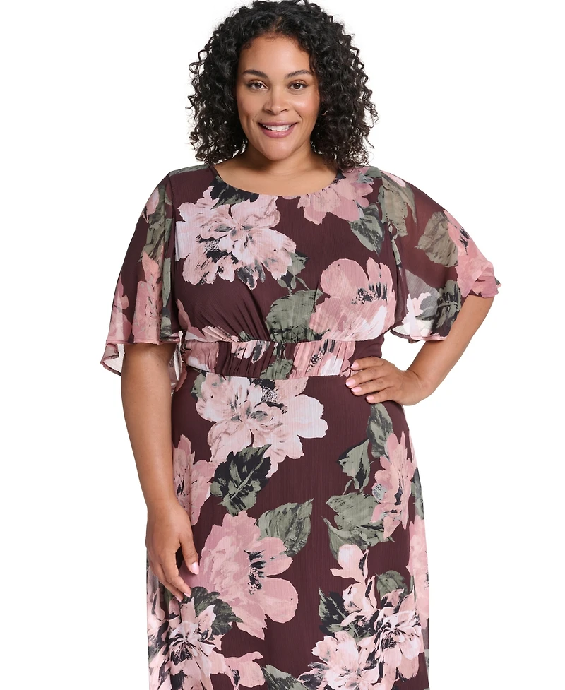 Calvin Klein Plus Smocked-Waist Chiffon Floral Midi Dress
