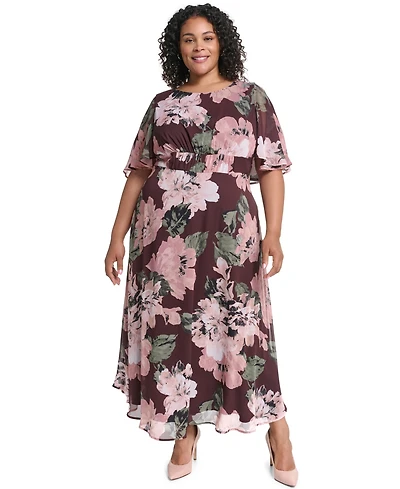 Calvin Klein Plus Smocked-Waist Chiffon Floral Midi Dress
