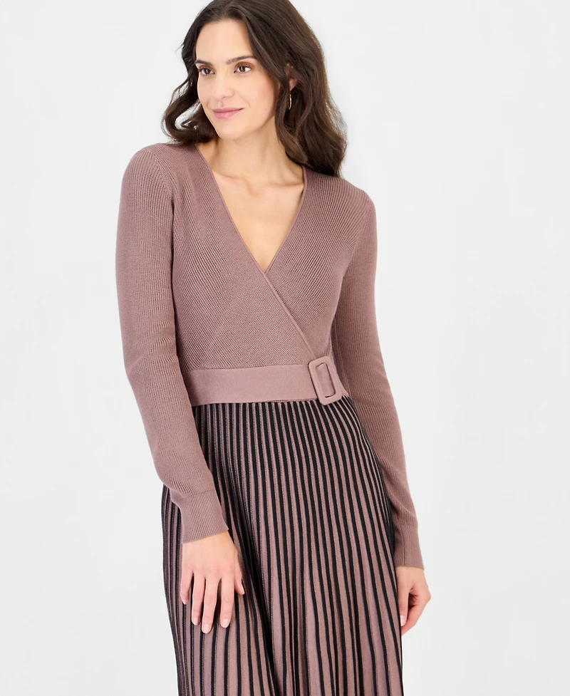 Robbie Bee Women's Pleated-Skirt Long-Sleeve Dress