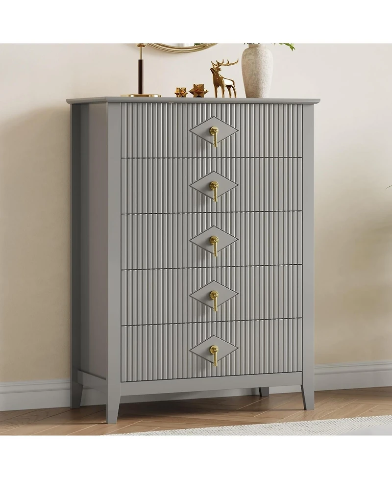 Fluted Dresser for Bedroom, 42.9" Tall 5-Drawer Wood Dresser, Modern Chest of Drawers, Storage Organizer Cabinet for Living Room, Hallway, Entryway