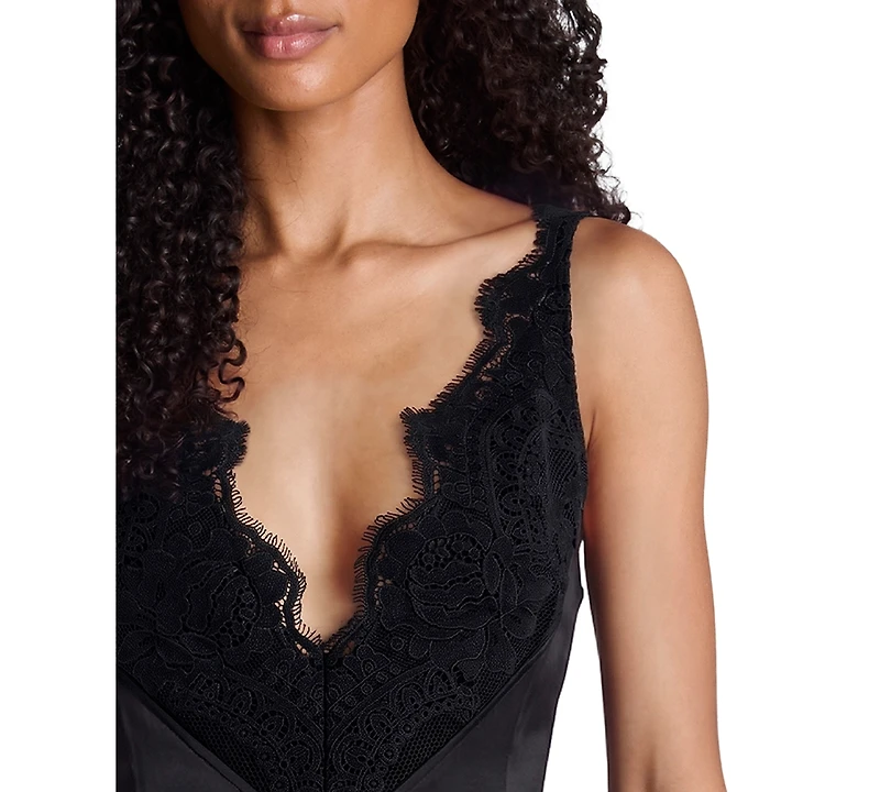 Kenneth Cole Women's Contrast Lace Trim Double Face V-Neck Midi Dress