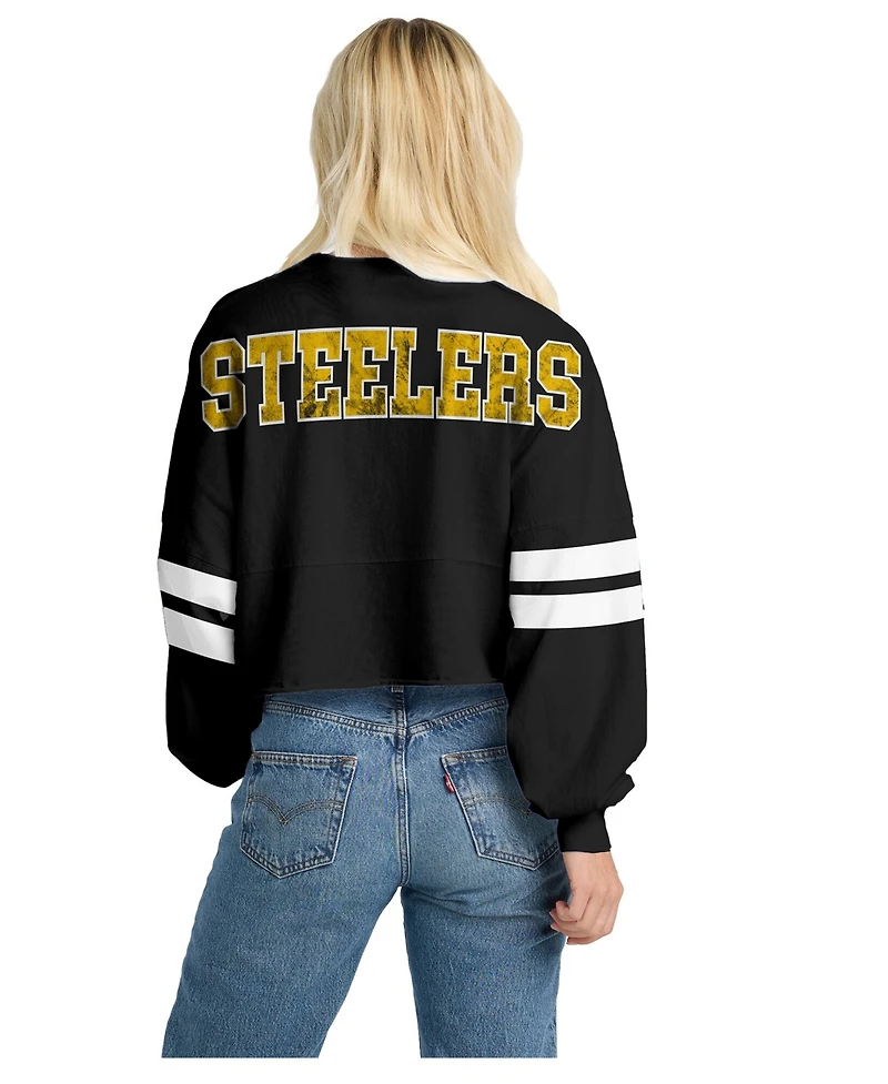 Spirit Jersey Women's Black Pittsburgh Steelers Oversized Cropped Stripe Long Sleeve T-Shirt