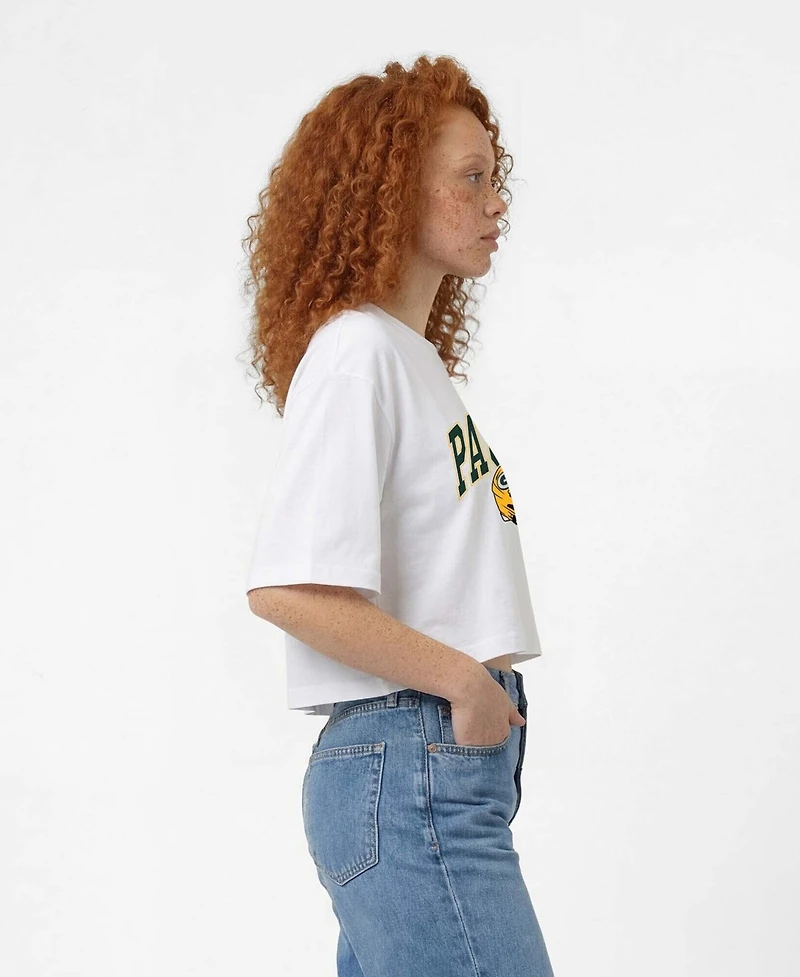 Champion Women's White Green Bay Packers Boyfriend Cropped T-Shirt