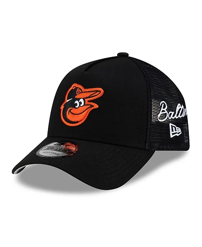 New Era Men's Black Baltimore Orioles Side Script 9FORTY A-Frame Trucker Adjustable Hat