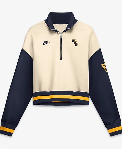 Nike Women's Natural, Navy West Virginia Mountaineers Oversized Legacy Color Block Cropped Quarter-Zip Pullover