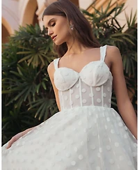 Mac Duggal Women's Polka Dot Net Bustier A-Line Midi Dress