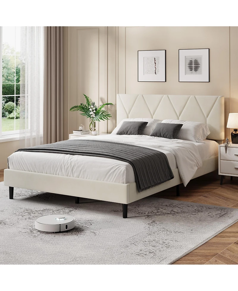 homfan Queen Upholstered Bed Frame - Soft Headboard, Platform Bed with Wooden Slats, No Box Spring, Easy Assembly