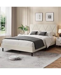 homfan Queen Upholstered Bed Frame - Soft Headboard, Platform Bed with Wooden Slats, No Box Spring, Easy Assembly