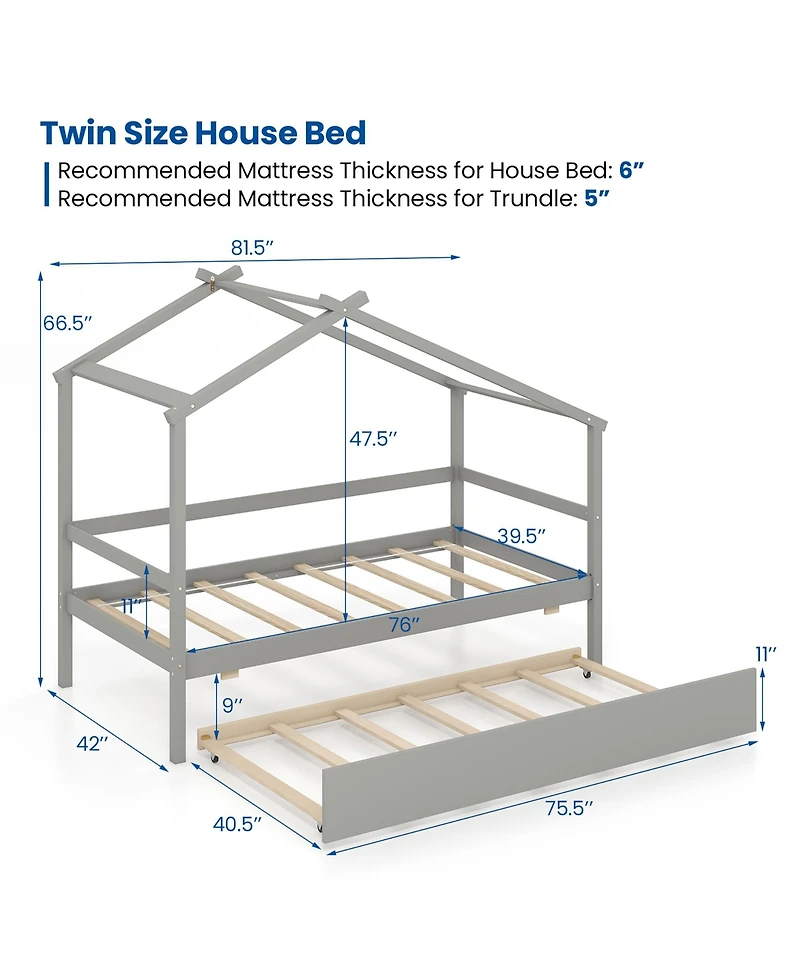 Gymax Twin House Bed With Trundle Roof and Fence Rails Wooden Platform Frame