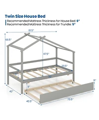 Gymax Twin House Bed With Trundle Roof and Fence Rails Wooden Platform Frame