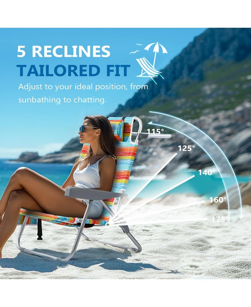 Aofar Beach Chair Portable Reclining 5 Positions Heavy Duty Folding Cup Holder Cooler Pouch Towel Bar
