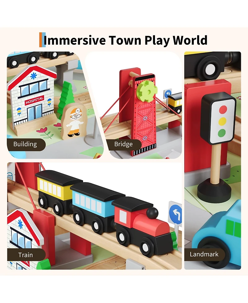 homfan Multi-Level Tracks 92-Piece Wooden Train Activity Table with Storage