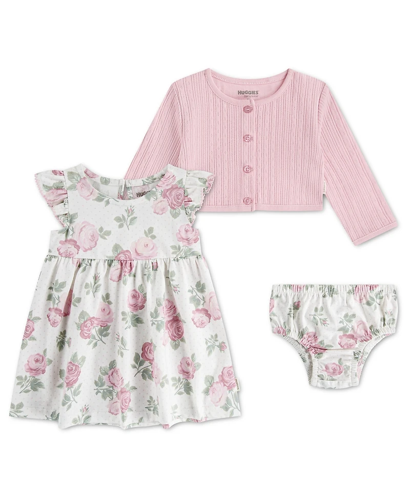 Huggies Baby Girls' Babywear Long-Sleeve Cardigan, Dress and Bloomers, 3-Piece Set