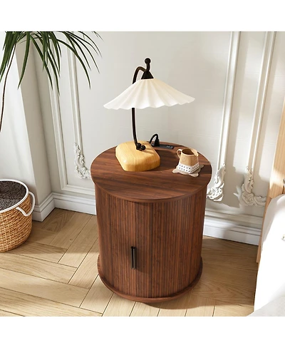 Streamdale Furniture Mid Century Modern Cylinder End Table with Charging Station & Sliding Door