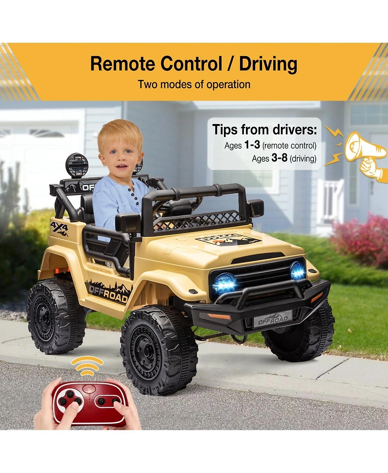 homfan Ride-On Truck Car, 4-Wheel Electric Vehicle, Remote Control, Led Lights, Music and Horn, Suspension, Dual Speeds