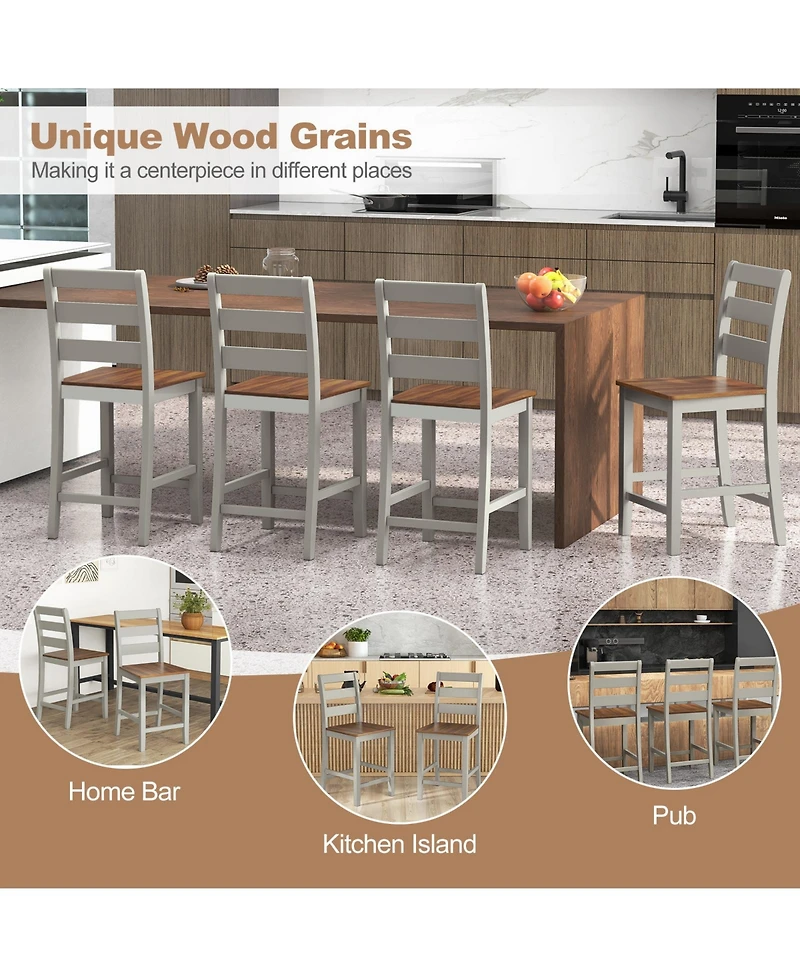 Gymax Set of 2 Counter Height Chairs with Inclined Backrest Rubber Wood Crossbars