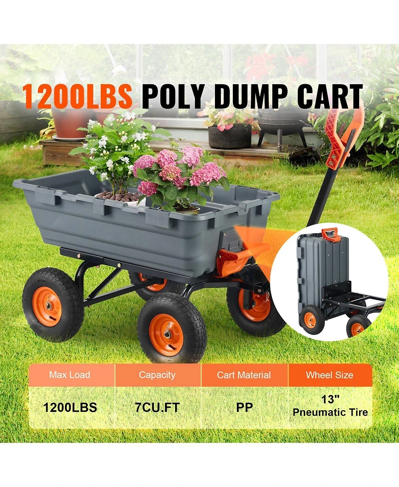 Mecale Garden Dump Cart, Poly Bed with Steel Frame, 6.48 Cube Feet., Dual-Function Handle, 1200 lb Load, 13" Wheels