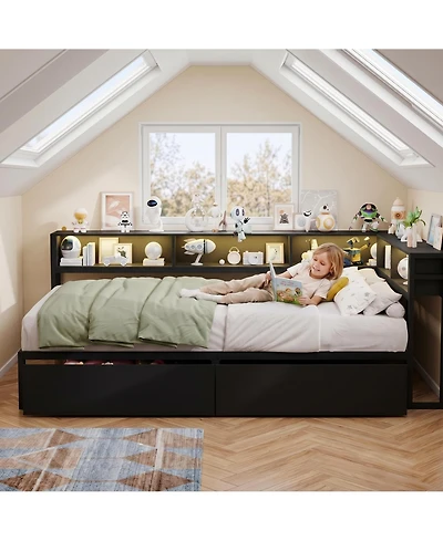 homfan Twin Daybed Frame with Corner Design – Storage Shelf and Drawers, Bookcase Headboard, Charging Station Led Light, Metal Platform Sofa Bed