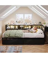 homfan Twin Daybed Frame with Corner Design – Storage Shelf and Drawers, Bookcase Headboard, Charging Station Led Light, Metal Platform Sofa Bed