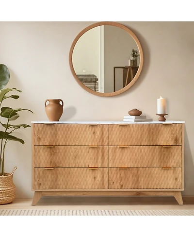 homfan Modern 6 Drawer Fluted Wood Dresser Faux Marble Top Handles Spacious Bedroom Storage Chest for Clothes Organization