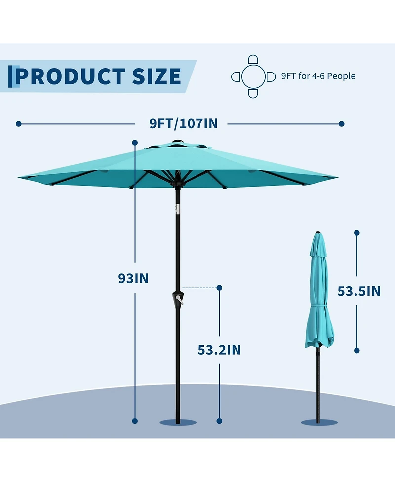 homfan 9Feet Outdoor Patio Umbrella With Protection, Crank And Push Button Tilt, 8 Sturdy Ribs, Sunshade For Garden Backyard Deck