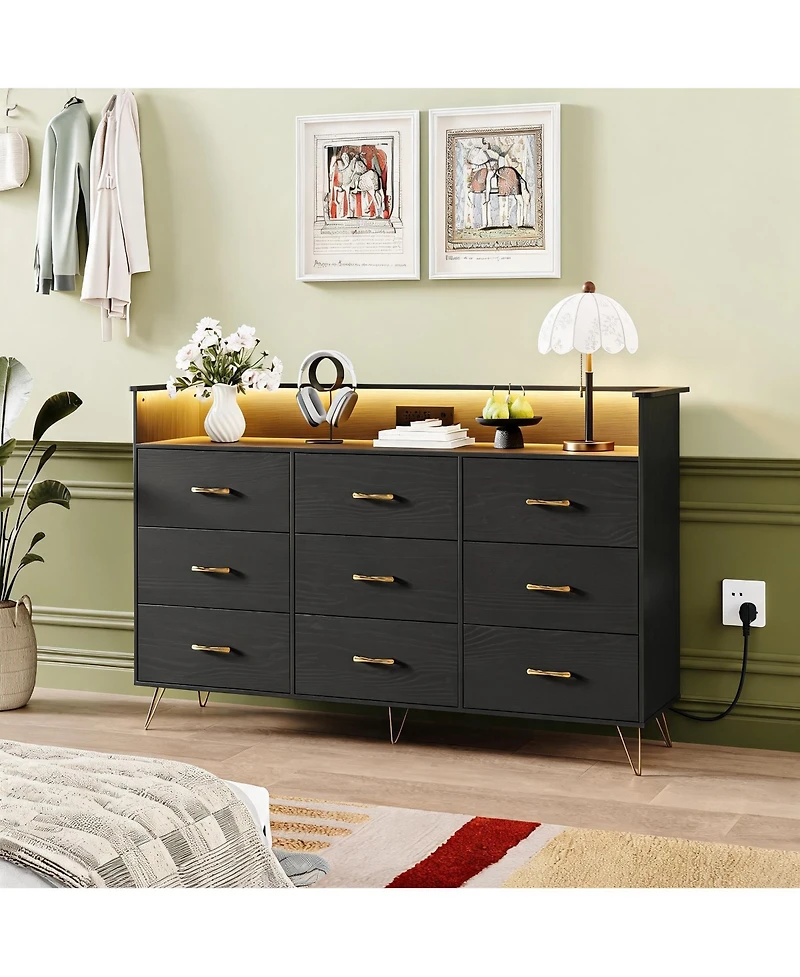 homfan Modern 9-Drawer Dresser with Rgb Led Lights, Wooden Storage Cabinet 3 Outlets and 2 Usb Ports, Spacious Chest for Bedroom