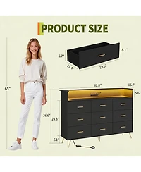 homfan Modern 9-Drawer Dresser with Rgb Led Lights, Wooden Storage Cabinet 3 Outlets and 2 Usb Ports, Spacious Chest for Bedroom
