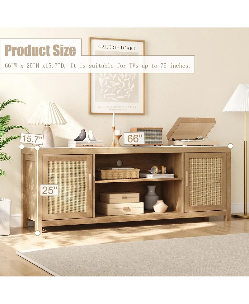 homfan Rattan Tv Stand, 66 Inch Boho Entertainment Center with Cabinets and Open Shelves, Wood Media Console with Adjustable Shelves