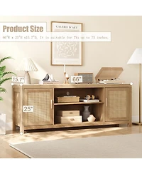 homfan Rattan Tv Stand, 66 Inch Boho Entertainment Center with Cabinets and Open Shelves, Wood Media Console with Adjustable Shelves