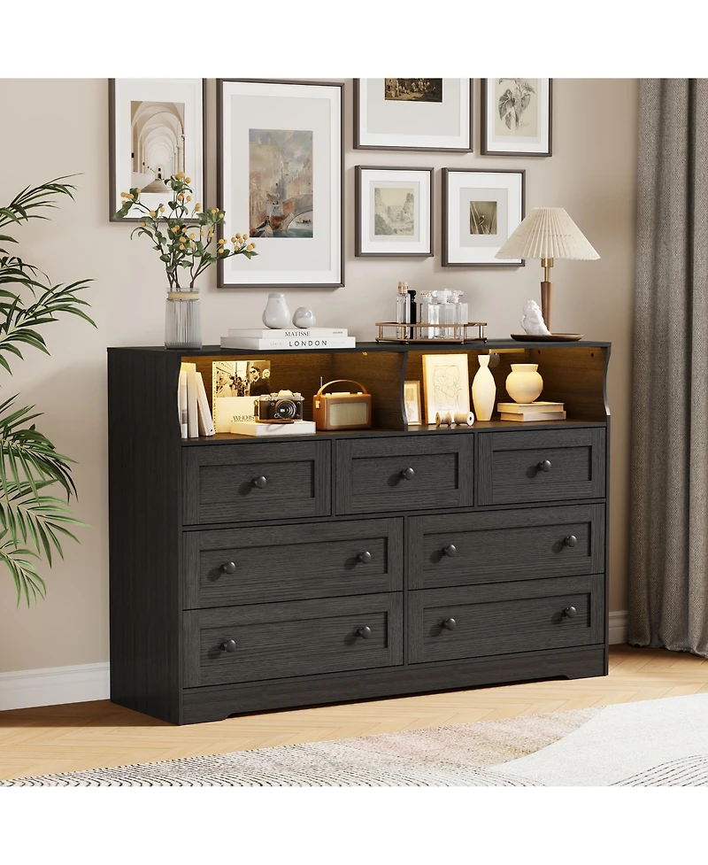 homfan 7-Drawer Wooden Dresser with Usb Charging Station and Led Lights, Modern Chest 2 Open Cubbies for Bedroom, Living Room