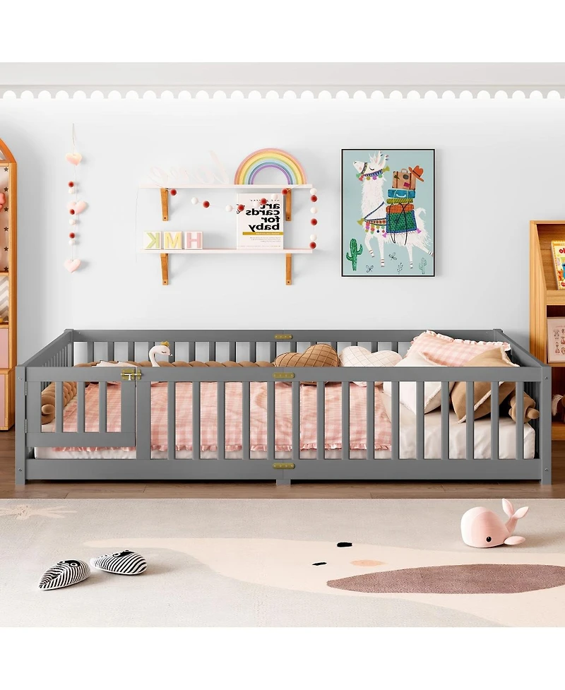 Streamdale Furniture Queen Size Bed Floor Bed with Safety Guardrails and Door for Kids