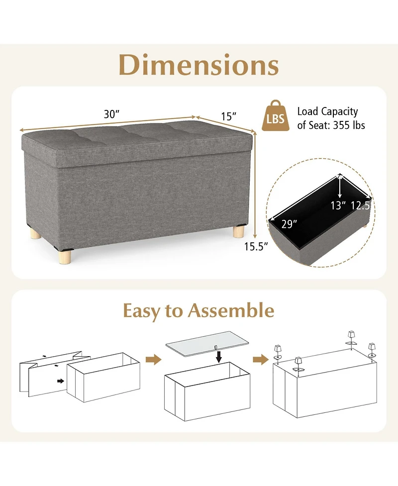 Sugift 30 in. Storage Ottoman Bench with Flip Top Tray and Solid Rubber Wood Legs