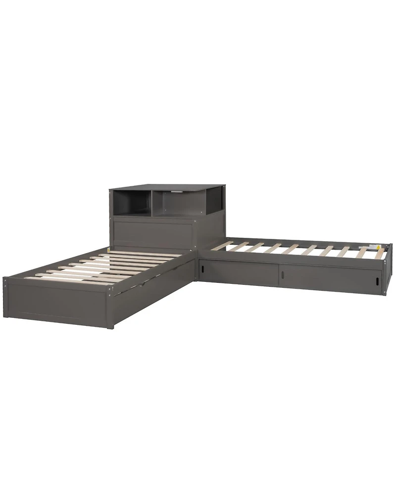 Streamdale Furniture L-Shaped latform Bed with Storage, Desk, Trundle, Led