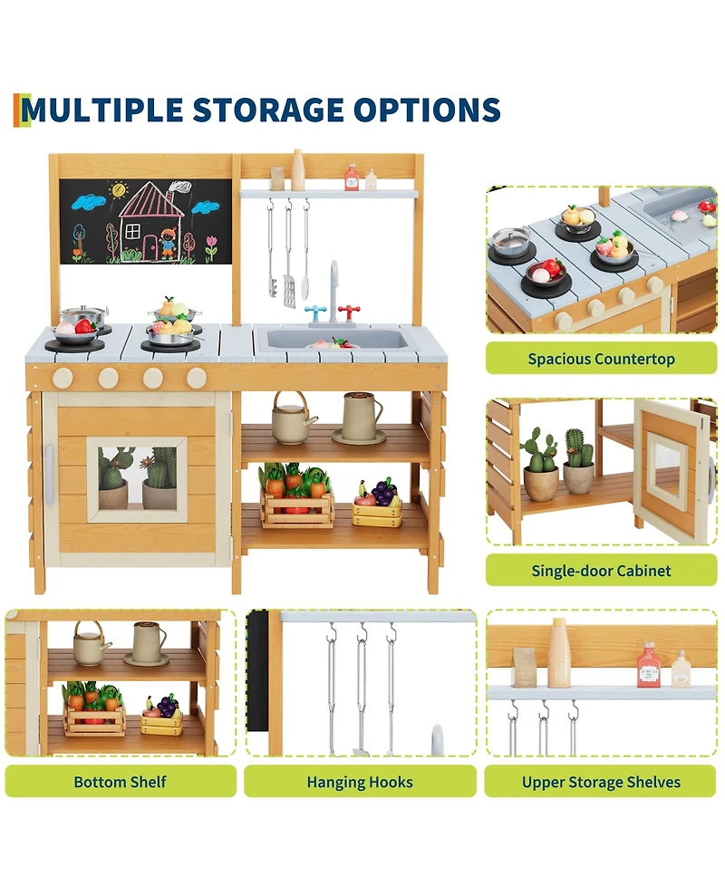 homfan Outdoor Wooden Play Kitchen, Fir Wood Kids Mud Kitchen for Children Ages 3 Plus for Backyard or Garden