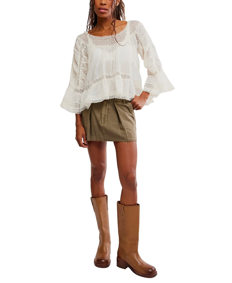 Free People Women's Lace-Trim Bell-Sleeve Scoop Neck Blouse