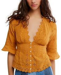 Free People Women's Eyelet Lace Embroidered Button-Front Blouse
