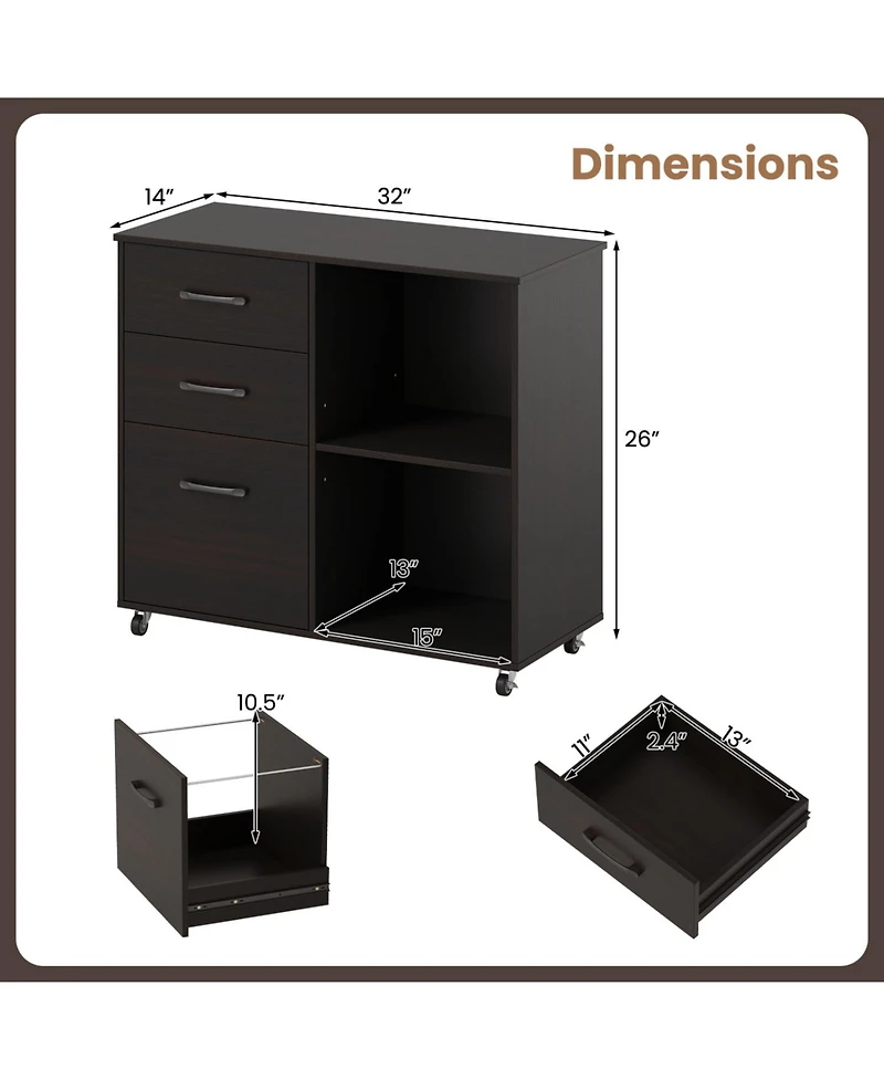 Mecale 3-Drawer Mobile Lateral File Cabinet and Printer Stand, Espresso
