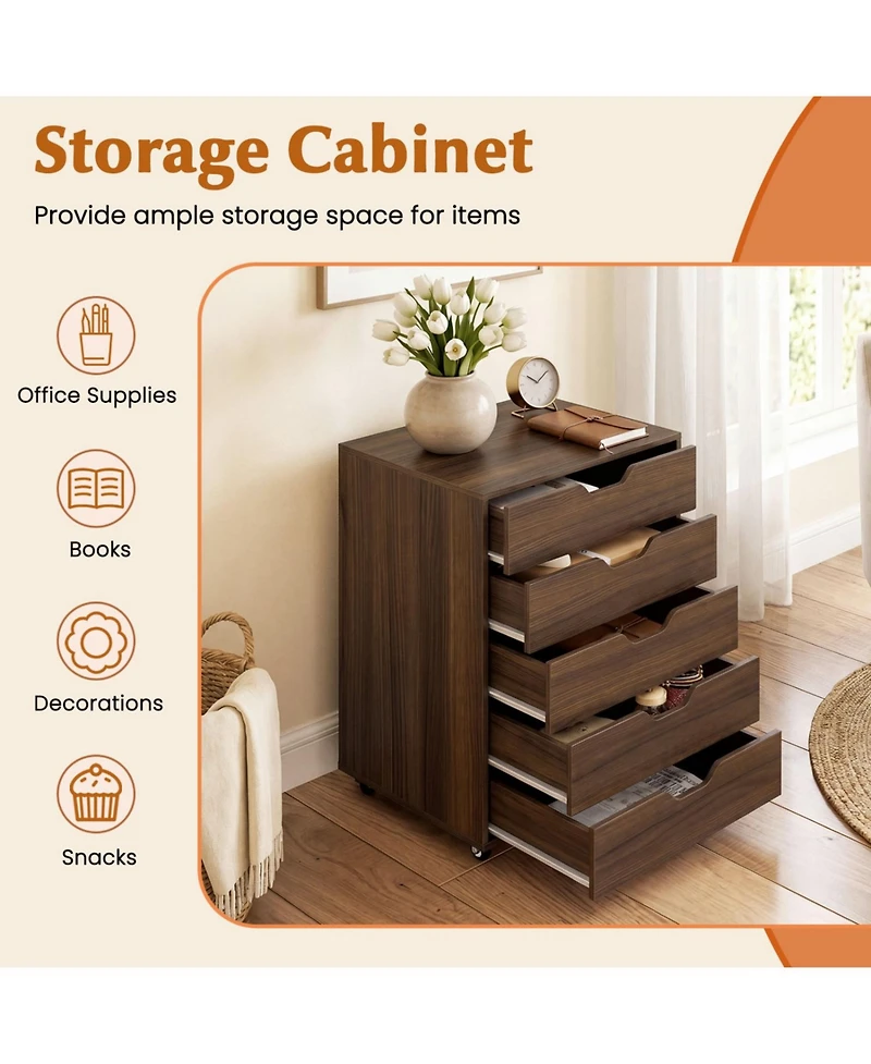 Mecale 5-Drawer Mobile File Cabinet with Lockable Casters, Walnut