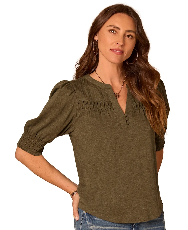 Democracy Women's Smocked Pintuck Knit Mandarin Collar Top