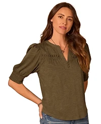 Democracy Women's Smocked Pintuck Knit Mandarin Collar Top