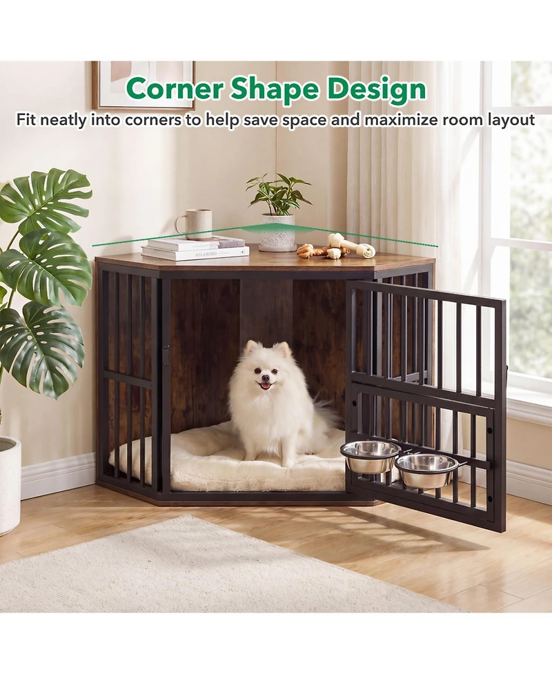 Ruie Wooden Corner Dog Kennel End Table with 3 Position Bowl Rack