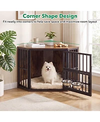 Ruie Wooden Corner Dog Kennel End Table with 3 Position Bowl Rack