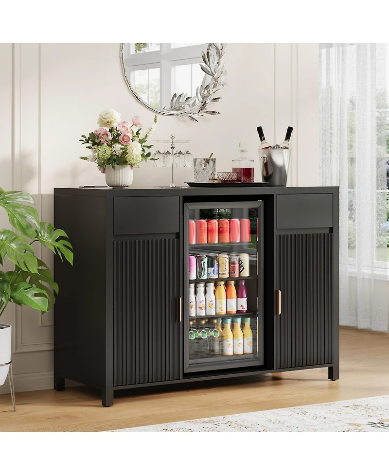 homfan 53" Bar Cabinet with Fridge Space Wine Rack and Storage Drawers, Fluted Sideboard with Charging Station for Kitchen and Dining