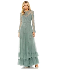 Mac Duggal Petite Beaded Embroidered Long-Sleeve Gown