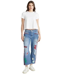 Driftwood Women's Mahjong Motif Embroidered High-Rise Ankle Jeans