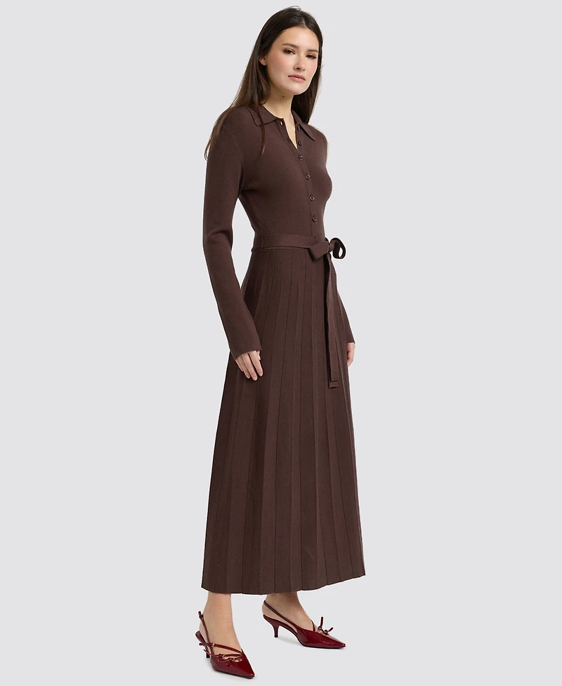 En Saison Women's Collared Button-Front Tie-Waist Pleated Knit Maxi Dress