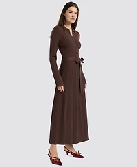 En Saison Women's Collared Button-Front Tie-Waist Pleated Knit Maxi Dress