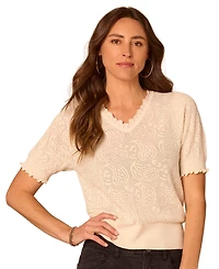 Democracy Petite Paisley Jacquard Short-Sleeve V-Neck Sweater