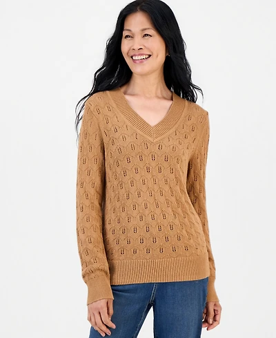 Style & Co Women's V-Neck Cotton Pointelle Sweater, Macy's Exclusive